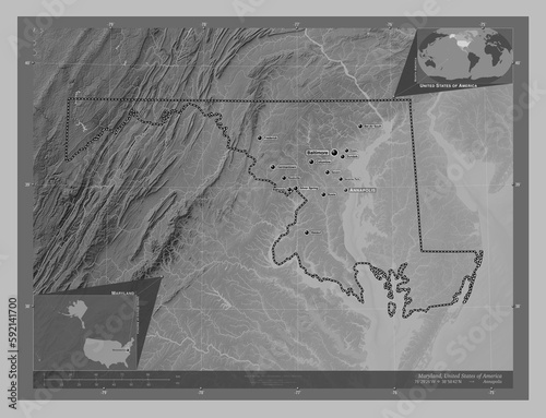 Maryland, United States of America. Grayscale. Labelled points of cities