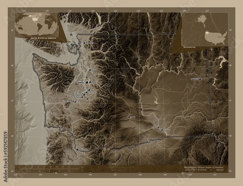 Washington, United States of America. Sepia. Labelled points of cities