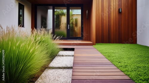 beautiful stylish suburban house 4, Grass in pot and wooden path in front of door.