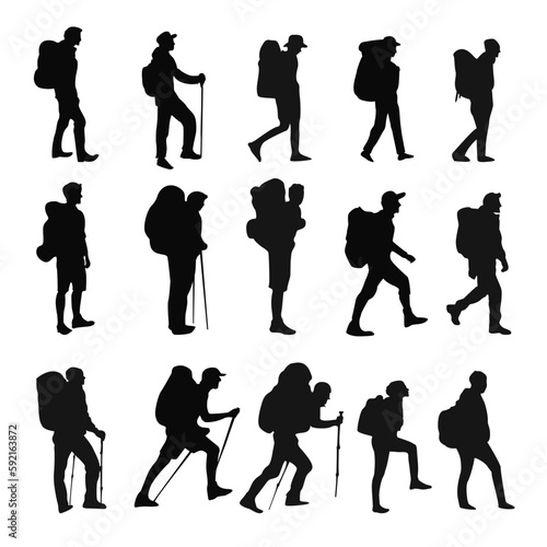 Set of vector silhouettes of mountaineers using backpacks. 