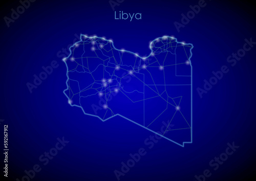 Libya concept map with glowing cities and network covering the country, map of Libya suitable for technology or innovation or internet concepts.