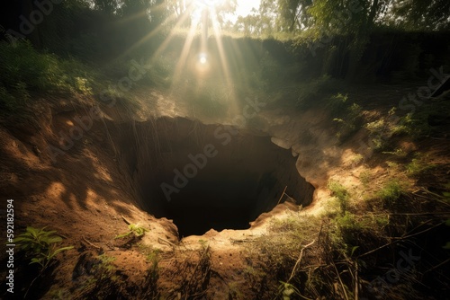 sinkhole that has collapsed into underground cave system, with sunlight shining through the hole, created with generative ai