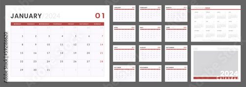 2024 Calendar Planner Template. Vector layout of a wall or desk simple calendar with week start monday. Set of monthly, annual and cover page calendar. Minimalist corporate calendar design for print.