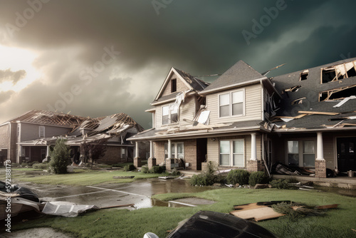 Aftermath of a tornado, houses destroyed by cyclone, apocalyptic landscape, generative ai