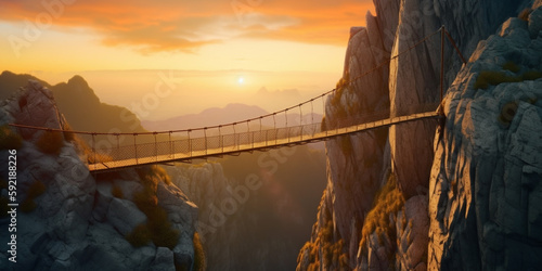 Hängebrücke auf den Gipfeln der Berge, generative AI