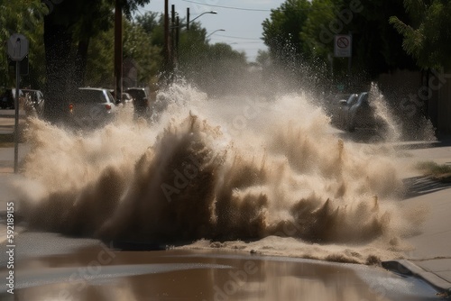 sand explosion erupting from storm drain, with water rushing past, created with generative ai