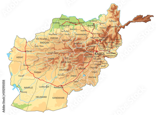 Highly detailed Afghanistan physical map with labeling.