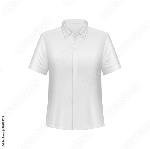 White men shirt or polo mockup, 3d vector male dress with short sleeves front view. Isolated vector classic sark mock up with fabric texture, collar and buttons. Apparel design for casual office wear