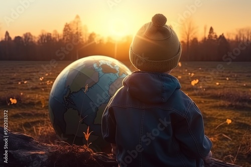 young boy in grass field with earth globe at sunset time, Generative Ai