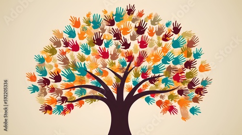 Giving and social responsibility concept illustration with colorful hands and a tree. Diverse community and the values of philanthropy, humanitarianism, and charity. Generative AI