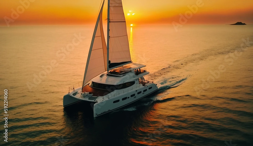 Eco yacht catamaran sailing in ocean at sunset Generative AI