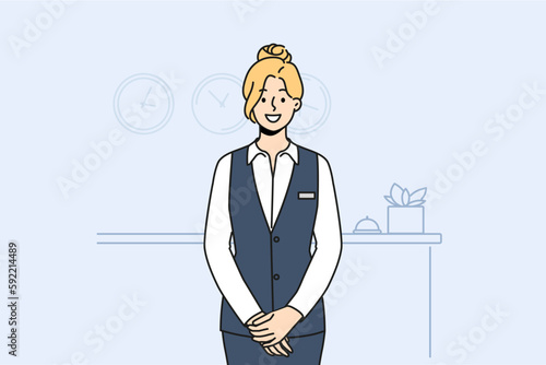 Smiling female receptionist in uniform posing at counter in hotel. Happy woman administrator working at reception. Vector illustration. 