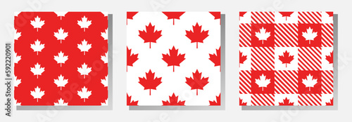 Canadian vector seamless patterns collection. Red maple leaves and stripes on white background. Best for textile, wallpapers, decoration, wrapping paper, package and web design.