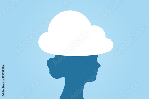 Vector of woman head in the clouds silhouette - daydreaming idiom