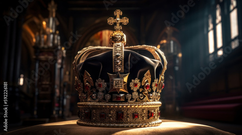  Crown on table, king's coronation ceremony concept created with generative AI technology