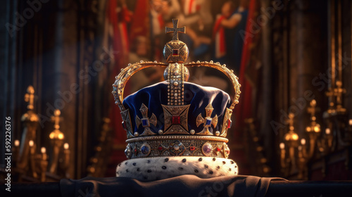  Crown on table, king's coronation ceremony concept created with generative AI technology