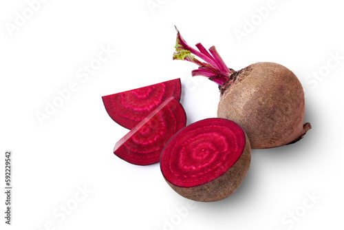 Closeup beetroot (beet root) and cut in half sliced isolated on white background. Top view. Flat lay.