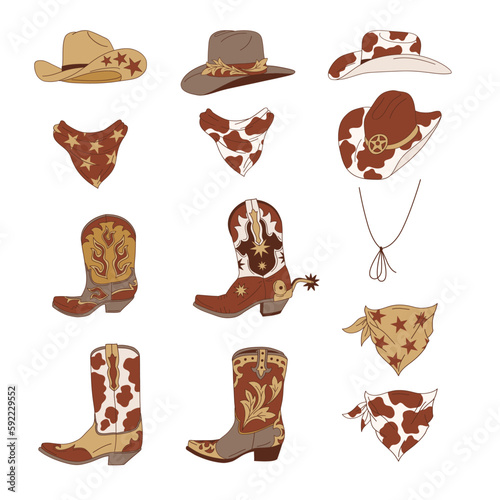 Wild west cowgirl cowboy accessories. Western Rodeo retro boots, hat, bandana. Vector illustration isolated on white. 