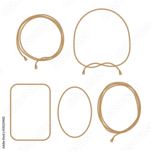  Wild west rodeo rope lasso frames vector illustration set isolated on white. Howdy rodeo knot western print collection for western design.
