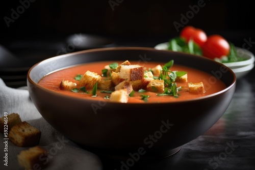 bowl of gazpacho, topped with croutons and garnish, created with generative ai