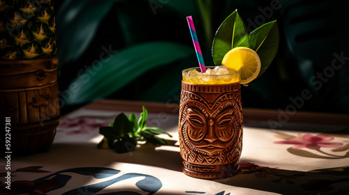 A classic tiki cocktail made with rum, orange liqueur, lime juice, and almond syrup. Generative AI image.