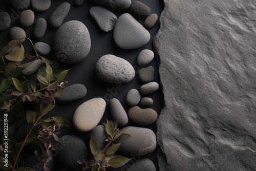 A black background with rocks and plants on it. AI generation