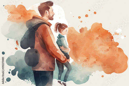 Hand drawn father day graphic illustration banner template copy space background watercolor style. Generative ai. 