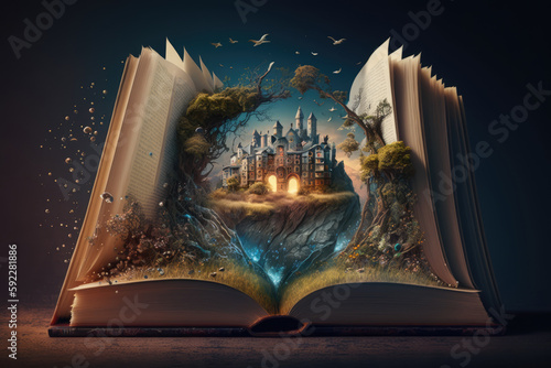 Open book. Fairy tale book. Book of fairy tales and stories. Fairyland book with a magical castle. Fantastic reading world. Reading and imagination concept. Generative ai art illustration