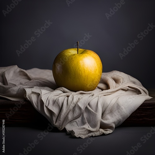 Jabłko na szmatce, martwa natura kompozycja na ciemnym tle, 3D renderowane