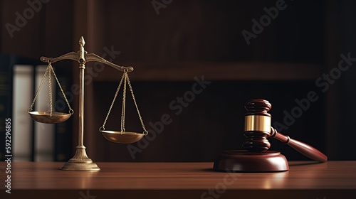 close up of wooden gavel and scales of justice, judge, law banner, generative ai