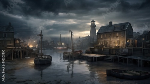 Ancient Briton harbor with old houses and vessels, generative ai