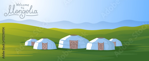 Mongolian yurts on green steppes background.