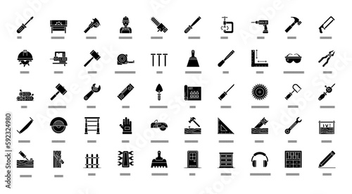 Carpentry Glyph Icons Hammer Helmet Chainsaw Icon Set in Glyph Style 50 Vector Icons in Black