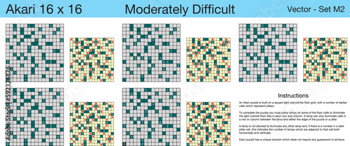 5 Moderately Difficult Akari 16 x 16 Puzzles. A set of scalable puzzles for kids and adults, which are ready for web use or to be compiled into a standard or large print activity book.