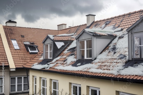 roofs and windows of houses being damaged by hail and high winds, created with generative ai
