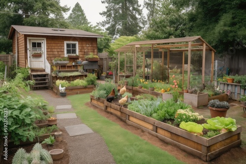 backyard with flower beds, vegetable patches, and chicken coop, created with generative ai