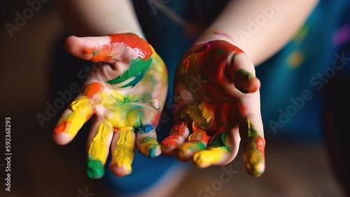 Painting on hands of a child showing palms with colorful paint, multi-colored watercolor, gouache, paint colored, finger painting. Creativity and hobbies