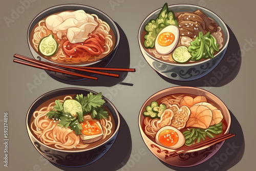 Set of cartoon asian noodle ramen, generative AI