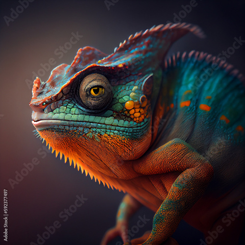 Bright color exotic chameleon, iguana lizard, wildlife reptile portrait, orange and blue skin coloration, generative AI