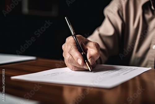 Seniors Making a Lifelong Commitment: Elderly Couple Signing Contract with Padded Hands, Pen in Hand: Generative AI