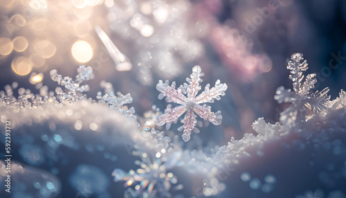 winter background. bright pastel colors. flirring bokeh. snow flakes bokeh. ice crystals bokeh. ice flowers in focus