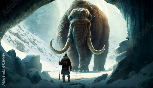 Cavemen hunt the woolly mammoth. Generative AI,