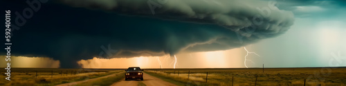 a auto driving down a dirt road under a large cloud, surrealism, a massive tornado approaching, severe weather storms, thunderstorm supercell, generative ai