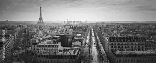 Paris cityscape black and white panorama with view to the Eiffel Tower, France. Beautiful parisian architecture with historic buildings and landmarks