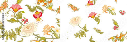 Fantasy flowers in art nouveau style, vintage, old, retro style. Seamless pattern, background. Vector illustration.