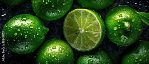  Full frame Overhead shot of green limes on wooden background. Generative AI