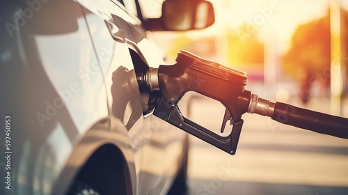A customer filling up their car at a gas station. The background be blurred to draw attention to the fuel pump and the fueling process. Generative AI