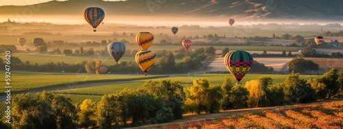 Hot Air Balloon Ride Over Beautiful Napa Valley, California, United States Banner - Generative AI.