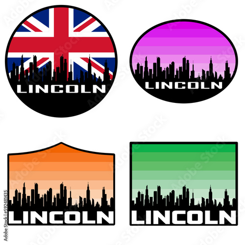 Lincoln Skyline Silhouette Uk Flag Travel Souvenir Sticker Sunset Background Vector Illustration SVG EPS AI