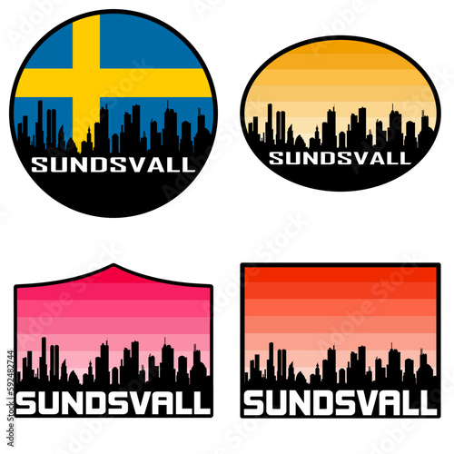 Sundsvall Skyline Silhouette Sweden Flag Travel Souvenir Sticker Sunset Background Vector Illustration SVG EPS AI